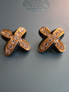 Vintage Gold and Black Crystal Cross Clipon Earrings for Women